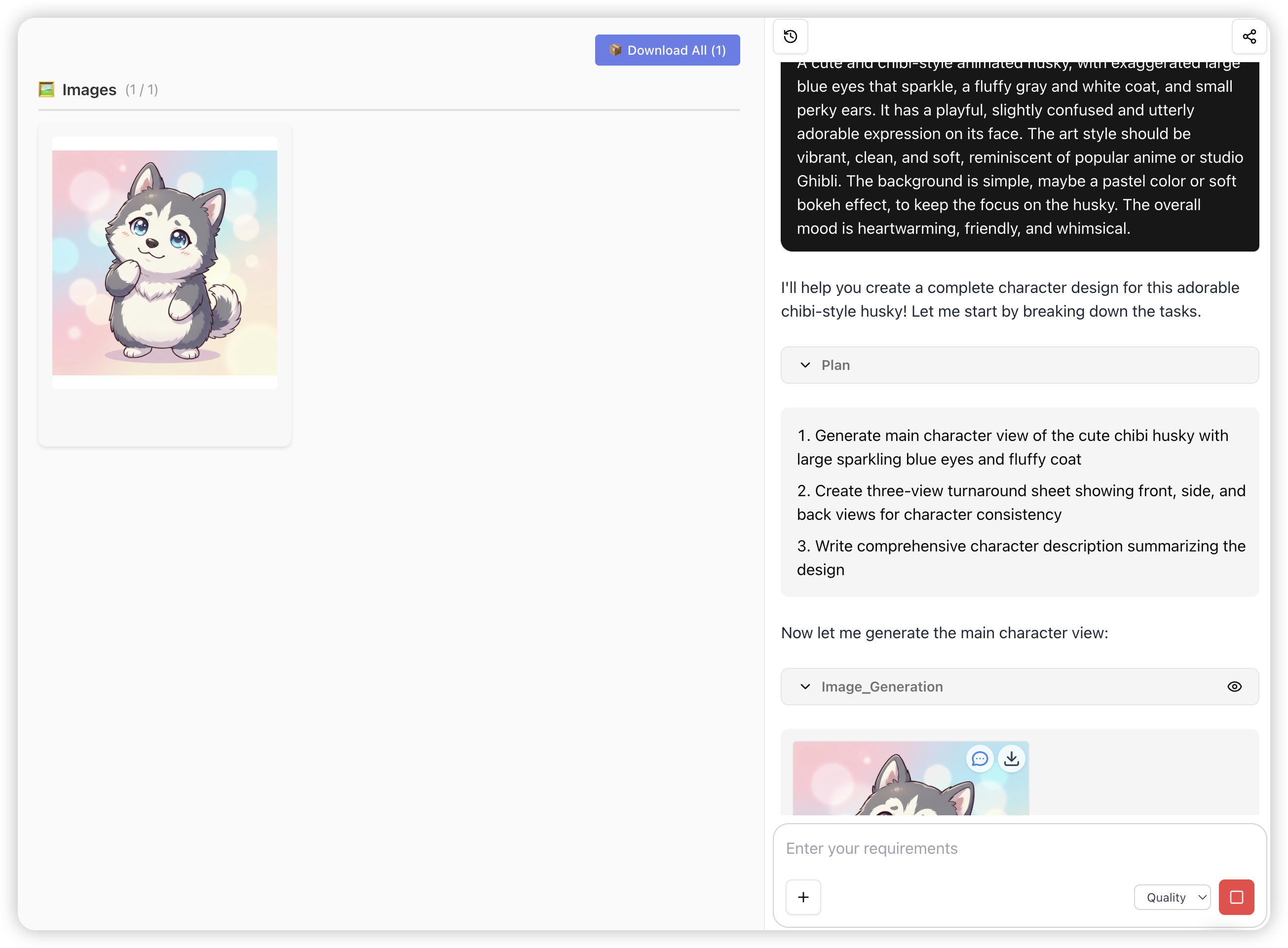 Agent conversation showing character generation